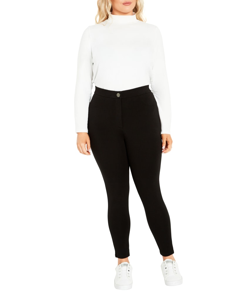 Front of a model wearing a size 18 PANT ANA PONTE in Black by avenue. | dia_product_style_image_id:322983